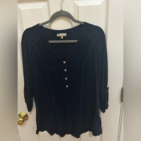 Democracy Tops - Democracy Dark Blue 3/4 Sleeve Buttoned Blouse